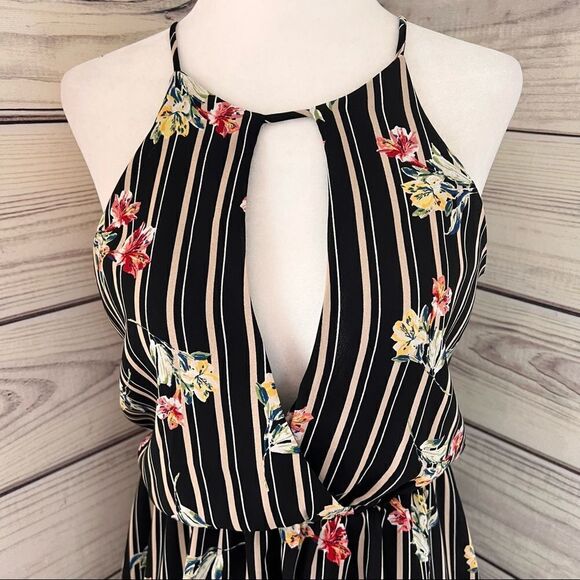Lush Black & Beige Floral Striped Cutout Keyhole Dress Size XS - Picture 3 of 7